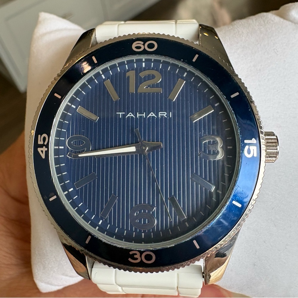 Tahari Silver and Navy Watch with White silicone Band